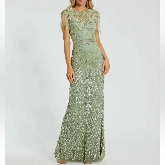 $698 Mac Duggal High Neck Beaded Sequin Fringe Sage Green Gown Dress 4908 Size 4 - Picture 1 of 15